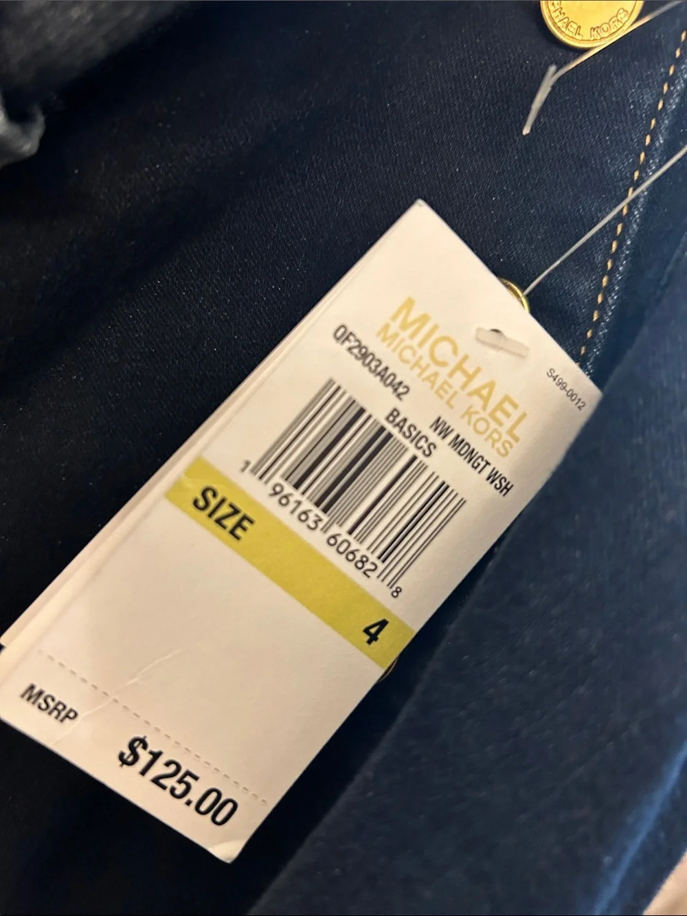 New Michael Kors Dark Navy High-Rise Jeans with Gold-Tone Buttons fits sizes 4-6